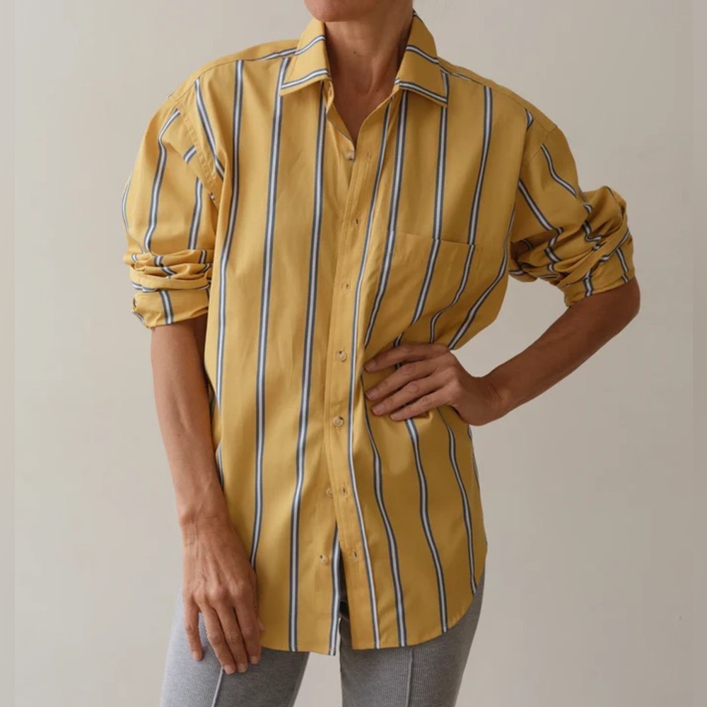 DONNI. Pop shirt in Butter Yellow and Blue Striped Shirt size S
